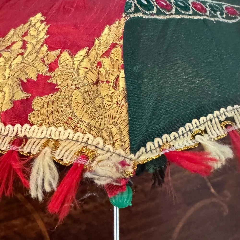 Festive Red and Green Embroidered Silk Sun Parasol Umbrella 25” - Picture 5 of 7